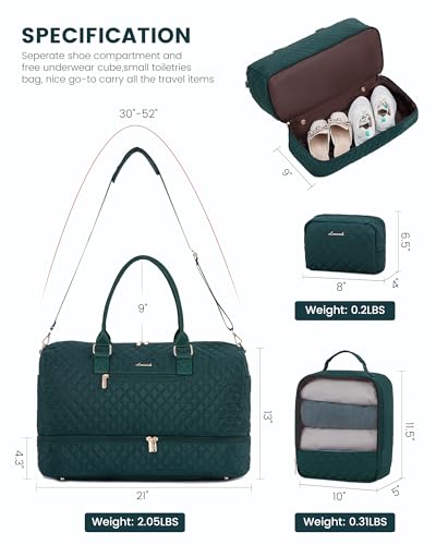 LOVEVOOK Travel Duffle Bag for Women, Weekender Overnight Bag with Shoe Compartment, Carry on Bag with Toiletry Bag, Gym Duffel Bag with Wet Pocket, Hospital Bags for Labor and Delivery 3 Pcs Set - color: Dark Green, size: Large