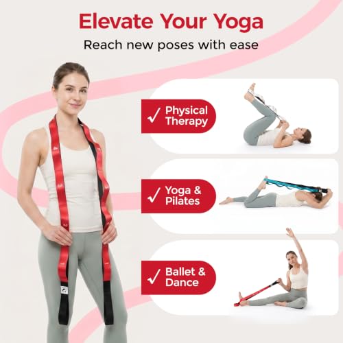 Slim Panda Stretching Strap with Loops - Non-Elastic Heavy Duty Nylon Yoga & PT - Oversized Multi-Loop Home Rehab - Hamstring Shoulder Pilates Flexibility - color: Red