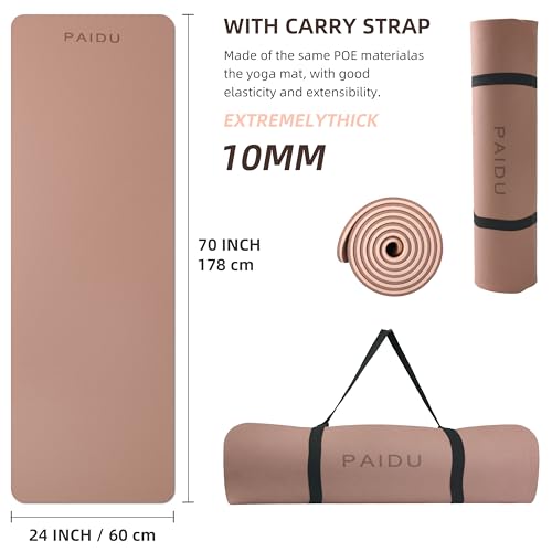 PAIDU POE Yoga Mat οΌ10mmοΌExtra Thick Fitness Mat 72"x24" with Carry Strap | Non-slip, tear-resistant and suitable for all ages, perfect for yoga, Pilates, home gym and full-body workouts. - color: Brown+Apricot