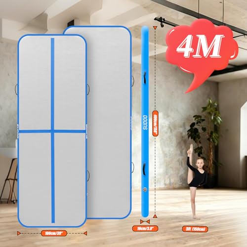 SUDOO Gymnastics Air Mat 10ft/13ft/16ft Inflatable Air Tumble Track Mat 4" Thick Tumbling Mat With Pump or No Pump for Training Tumble Yoga Cheerleading Parkour Beach Water Activities Home Use - color: Blue, size: 13ft*3.3ft*4in (4*1*0.1m)