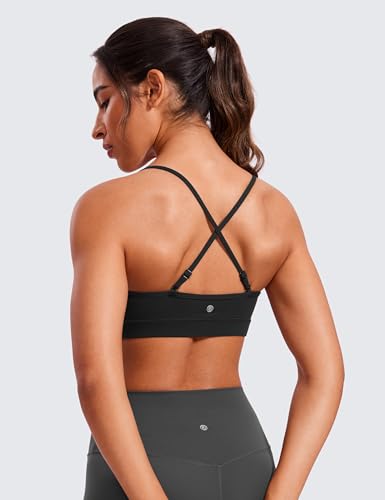 CRZ YOGA Butterluxe V Neck Sports Bras | Light Support, Removable Pads, Yoga, Extremely Soft, Square Back, Adjustable Spaghetti Straps, for Women - color: Black, size: Large