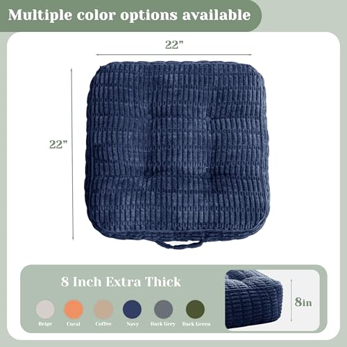 HIGOGOGO 8" Floor Pillow Cushion for Adults, Meditation Cushion Pillow, Blended Corduroy Cover, Large Square Floor Sitting for Tatami Living Room or Yoga, 22x22 Inch, Navy - color: Square Navy, size: 8" Thick(Pack of 1)