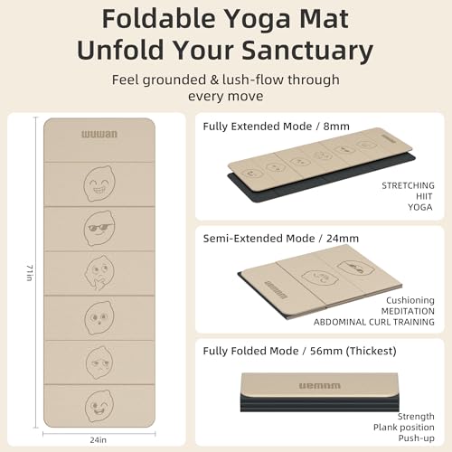 TPE Yoga Mat Foldable 8mm Thick Light Non-Slip for Home/Gym/Travel | 70"X24" Folding Workout Mats,1.1 lbs Lightweight Portable Exercise For Pilates,Studio,Outdoor Working Out Men Women Durable - color: Beige&Black