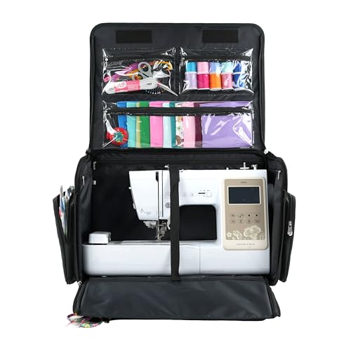 Everything Mary 4 Wheels Collapsible Deluxe Sewing Machine Storage Case - Rolling Trolley Carrying Bag for Brother, Singer - color: Black Quilted