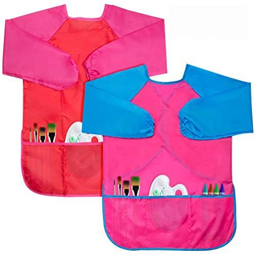 Kids Art Smocks 2 Pack Painting Smock with Long Sleeve and 3 Pockets for Age 3-8 - color: Pink