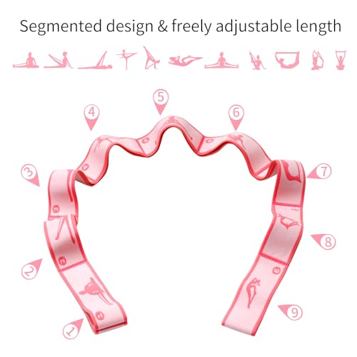 9 Loops Elastic Yoga Stretching Strap Pattern Guide, Resistance Stretch Band for Flexibility, Pilates, Dance, Gymnastics, Ballet, Physical Therapy, Leg & Body Stretching - color: Pink