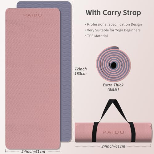 PAIDU Yoga Mat 8mm TPE Non‑Slip Fitness Mat with Strap for Home Workouts - color: 딥 핑크 & 그레이