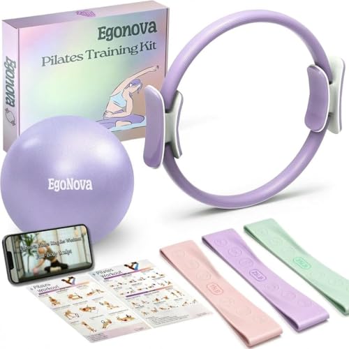 Pilates Ring Set: 35cm Magic Circle with Dual Padded Handles, Pilates Mini Ball, and Resistance Bands (15, 25, 35 lbs) for Strength, Flexibility, Stability, and Body Toning - color: Violet-Essential