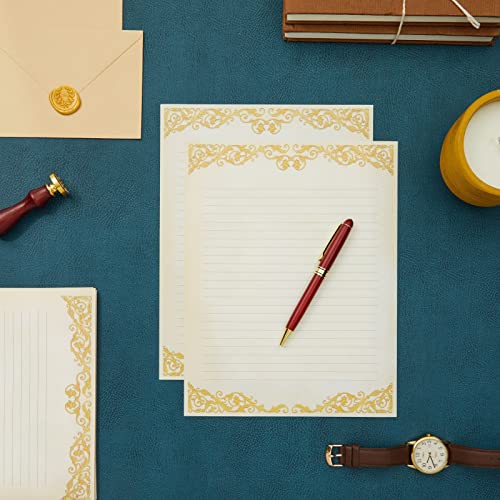 Pipilo Press Letter Writing Paper Set - 48 Sheets, 8.5 x 11 In, Ivory - Vintage Lined Stationery with Gold Border for Decorative & Fancy Handwritten Notes