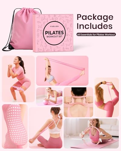 Pilates Ring Set for Women, Home Workout Pilates Equipment with Resistance Bands, 14'' Magic Circle, Mini Ball, Pilates Starter Kit for Strength, Toning and Flexibility - color: Pink, size: Medium-Level2