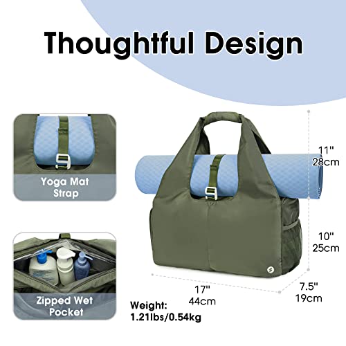 Sportsnew Tote Yoga Mat Gym Bag 20L Women W/Shoe Compartment Wet Dry Pocket | Water-Resistant Gym Tote - Mat Strap, Ventilated Shoe Bin, Wet Pocket, Padded Handle, Multi Pockets, Side Mesh & Key Clip - color: Army Green