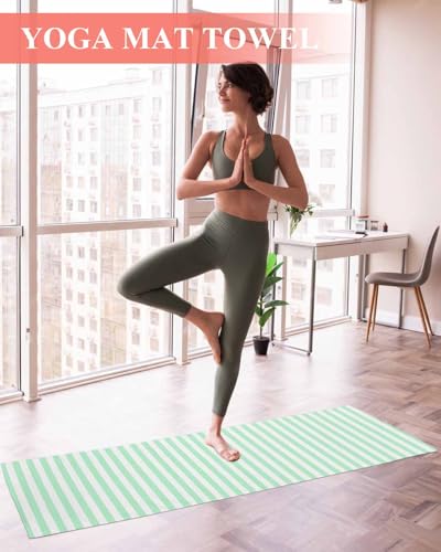 Green White Stripe Yoga Towel for Hot Yoga Non Slip, Modern Minimalist Geometric Striped Yoga Mat Towel Absorbent Yoga Sweat Towels Microfiber Hot Yoga Blanket for Bikram Pilates Fitness 26"x74" - color: Auqamarin, size: 26x74in