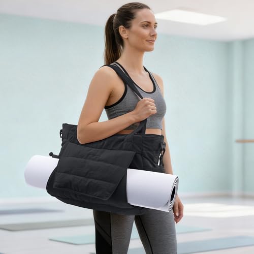 Yoga Tote Bag for Women with Yoga Mat Holder & Luggage Sleeve, Large Pilates Gym Bag with 16" Laptop Compartment, Lightweight Puffer Quilted Travel Tote with Water Bottle Pockets for Work - color: Black, size: Regular