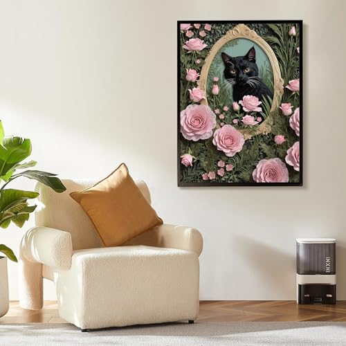Cat Diamond Art Kits for Adults Beginners, Black Cat Diamond Painting Kits for Adults Flowers, DIY 5D Full Round Drill Gem Art Kit, Black Cat Diamond Dots for Adults for Gift Home Decor 12x16 Inch - color: XM-DP-Mirror Black Cat-3040