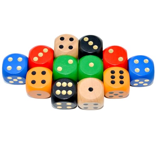 SmartDealsPro Random Color Large 1 1/5" Round Edge Wooden Dice (6 Colors 12 Pieces) - color: 6 Colors 12 Pieces