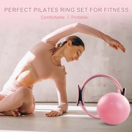 KANGFITER Pilates Equipment Kit for Home Workout, Pilates Ring and Ball Set with Adjustable Ankle Wrist Weights, Resistance Bands, Tape Measure, Bag, Pilates Essentials Accessories for Women Yoga - color: Pink