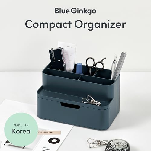 BLUE GINKGO Compact Desk Organizer, Blue, Made in Korea | 5 Compartments. Half Drawer. Space-Saving. - color: BLUE, size: Compact