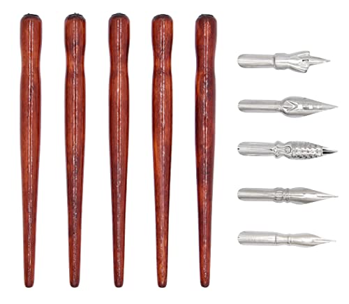 XIAOYU Cartoon Comic Dip Pen Set, 5PCS Comic Pen Holders with 5 Pieces Comic Pen Nibs Kit, Wooden Comic Pen Nib Holder for Writing, Painting, Signing, Brown - color: Brown