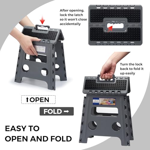 ACKO 13" Folding Step Stool, Non-Slip Surface for Adults & Kids, Dot Gray | Collapsible Heavy Duty Foldable Stools, Portable Foot Stepping Stool Holds 300 lbs, Kitchen Bathroom Outdoor, with Handle - color: Dot Grey, size: 13 Inch