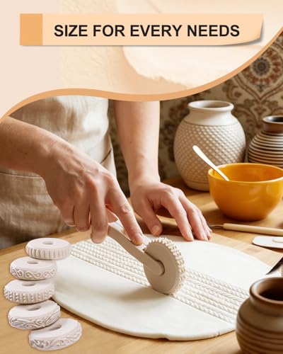 eZAKKA 6pcs Clay Texture Rollers with Handle,Pottery Ceramic Pattern Wheels | Smooth Deburred Patterning Stamps for Dough, Baking & Crafting DIY Embossing Kit - size: 6+1