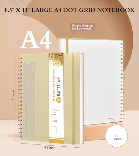 Dotted Notebook, Spiral Notebook Journal 8.5” x 11”, A4 Large Dot Grid Notebooks for Women Men, 100 GSM Dotted Paper, Plastic Hardcover Spiral Bullet Journals for Work School Sketching, Yellow - color: Yellow, size: Dotted