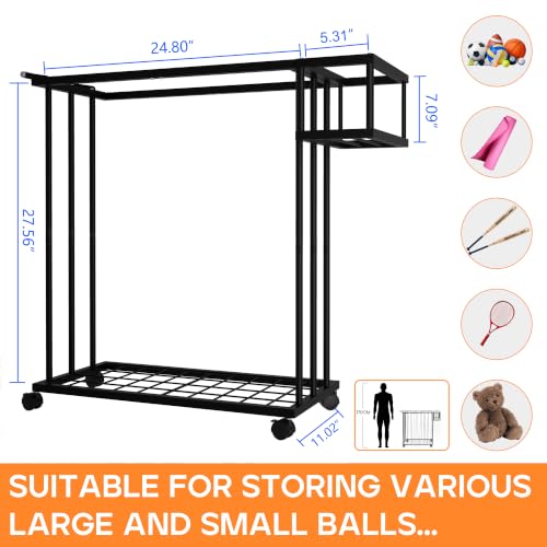 Multi-Sport Ball Storage Cart with Side Basket for Gloves & Tennis; Gravity-Access Elastic Straps for Kids; Rolling Garage Organizer Rack for Basketballs, Soccer & Yoga Mats - Multi-Athlete Families
