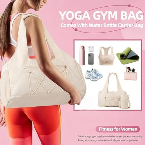 Gym Bag for Women, Yoga Mat Bag with Shoe Compartment and Wet Pocket, Sport Yoga Gym Bag with Yoga Strap, Carryall Yoga Tote Bag - color: Beige