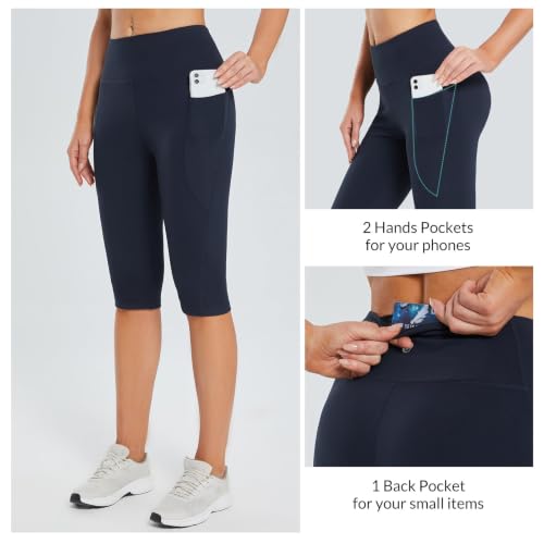 baleaf Women's Capri Leggings with Pockets Knee Length High Waisted - color: Navy Blue, size: Small