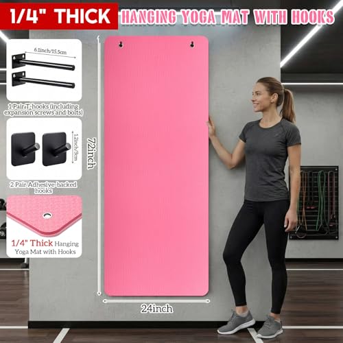 Briwooody Yoga Mat Wall Mount with Holes - color: Pink, size: 72"x24"x1/4''