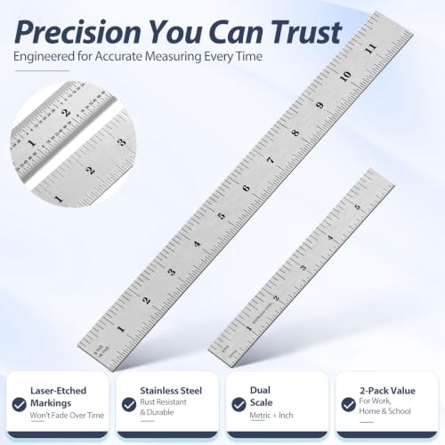 EBOOT 2 Pcs Stainless Steel Ruler Machinist Engineer Ruler with Markings 1/8, 1/16, 1/32, 1/64 Inch for Engineering, School, Office, Architect, and Drawing - size: 6 Inch, 12 Inc