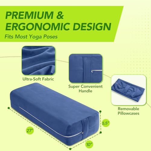 Wellsin Rectangular Yoga Bolster - Meditation Pillow with Washable Suede Cover, 27"X10" X5.5" - color: Blue