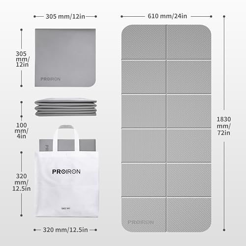 PROIRON Foldable Yoga Mat 0.24"/0.16" for Home Workout & Travel, Non Slip Travel Yoga Mats with Carry Bag, Packable Yoga Mat for Home Gym, Pilates, Fitness,Stretching - color: (0.24" TPE) Gray