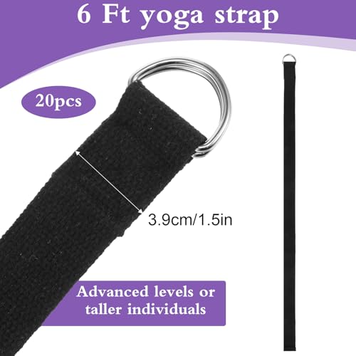 20 Pcs Yoga Mat Strap & Yoga Straps for Stretching, 6ft Adjustable Exercise Stretch Band with Metal D Ring Buckle for Pilates, Fitness, Gym Workout, Dance, Physical Therapy (Black)