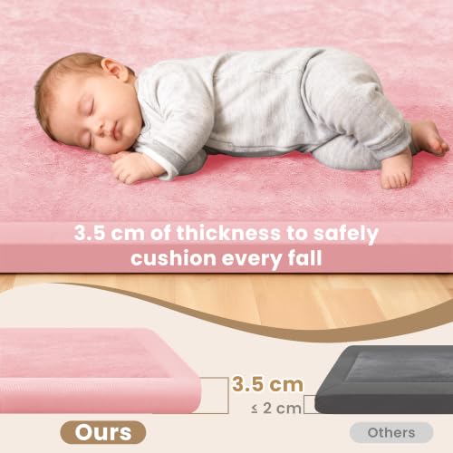 ACOMOPACK Baby Play Mat for Floor,1.3" Thick Elasti-Foam 59"×71" Non-Slip Water Repellent,Non-Toxic Playpen Mat for Infants Toddlers Kids, Ultra Soft Coral Velvet for Tummy Time Crawling(Pink) - color: Pink, size: 59"×71"