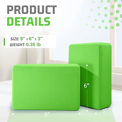 biguphate 2 Pack Yoga Blocks, 3"x6"x9" Rounded Edges Non-Slip, Yoha Bricks - color: Green