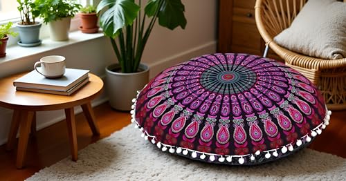 CRAFT KALA 22" IN Mandala Meditation Floor Pillows Pouf Cover Round Seating Adults Bohemian Mandala Circle Cotton Floor Cushion Cover Outdoor Fireplace Seating Living Room Room Home Décor Pink Peacock - color: Pink Peacock