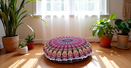 CRAFT KALA 32" Large Round Bohemian Floor Pillow Cover Boho Pouf Cover Mandala Meditation Room Pillows Cover Adults Seating Poufs Cushion Cover for Kids Reading Playroom Pink Yellow Mirchi - color: Pink Yellow Mirchi