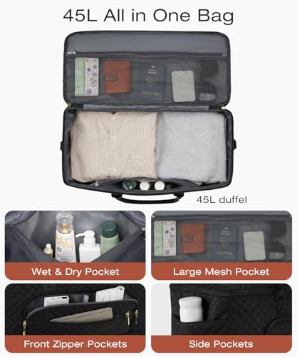 Travel Duffle Bag, Wide Open Large Weekender Bag for Women with Shoe Compartment, Carry on Overnight Bags with Toiletry Bag, Hospital Bag for Women Labor Delivery with Wet Pocket (Black) - color: Black, size: 45L