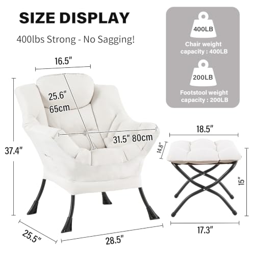 Tiita Lazy Chair with Ottoman, Comfy Reading Accent Chair, Beige | Foldable Footrest, Padded Seat and Backrest, Side Pocket for Lounging in Living Rooms, Bedrooms, Dorms and Small Spaces - color: Peach Skin Beige