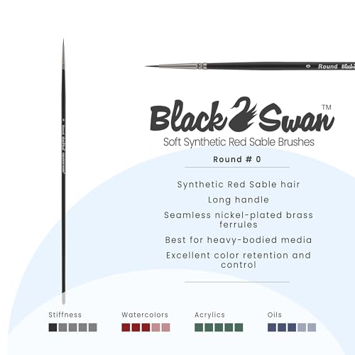 Black Swan Synthetic Red Sable Round Paint Brushes - Round Size # 0 - Professional Quality Long Handle Paint Brushes for Oil, Heavy Body Media and Acrylic - Artists of All Levels - size: Size 0
