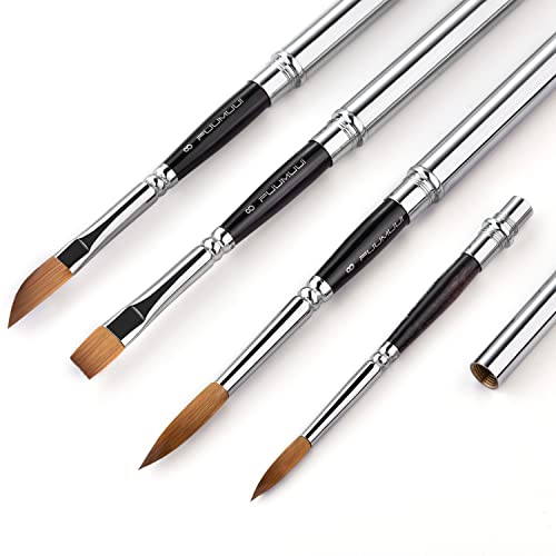 Sable Travel Watercolor Brushes, Fuumuui 4pcs Kolinsky Sable Watercolor Travel Brushes with Leather Pouch - Fine Point Rounds Dagger Flat for Watercolor Gouache Ink Painting - color: Brown