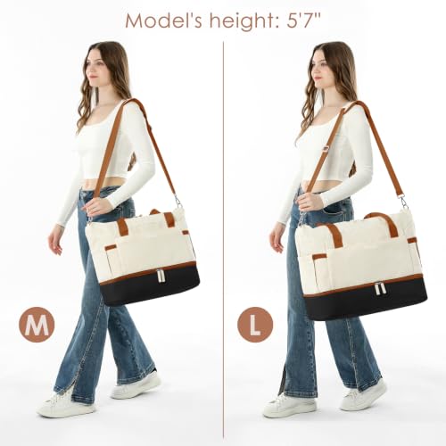 Gym Bag for Women, 45L Carry On Travel Duffel Bag with Shoes Compartment - color: White Black Brown, size: Large