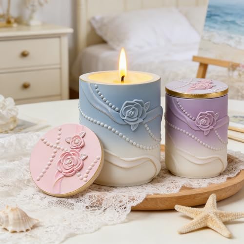 3D Rose Jar Resin Molds with Lid, Pearl Candle Silicone Molds for Epoxy | Epoxy Molds Silicone for Casting, Jewelry Storage Box, Candle Holder, Plaster, Cement Concrete, Candy Container, DIY Crafts - color: Rose Resin Molds