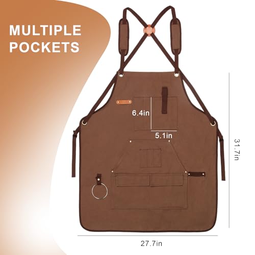 Men's Canvas Tool Apron, Heavy Duty Multi-Pocket Work Apron for Woodworking Gardening Bartender Adjustable Straps - color: Brown