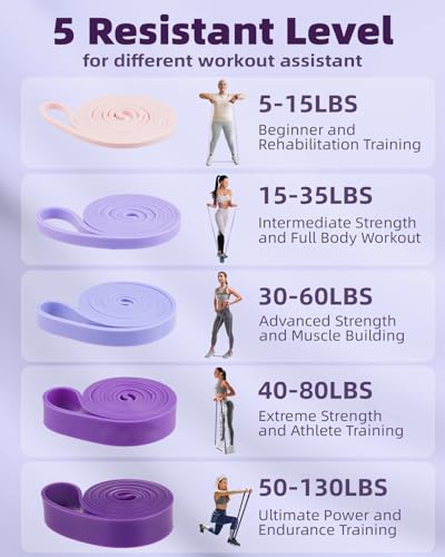 Fitense Resistance Bands Set - Pull Up Bands for Men Women, Exercise Bands Resistance with Door Anchor, Training Poster & Pouch for Body Stretching, Pull Up Assist - color: (5-130LBS) - Gradient Purple