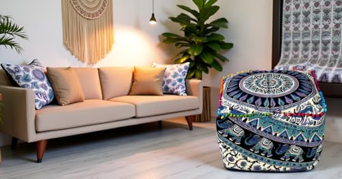 Green Deer Elephant Mandala Floor Pillow Cover 18x18x14 Inch Handmade Cotton Meditation Cushion Cover Square Ottoman Pouf Cover Bohemian Floor Seating Pillow for Living Room Bedroom Decor (Cover Only)