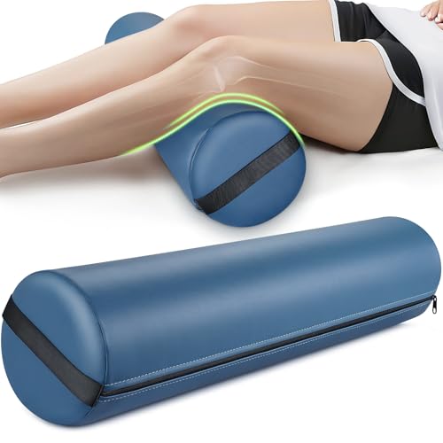 26 x 6 In Full Round Massage Bolster, PU Leather Bolster with Strap Handle | Under Knee Pillow for Massage Table, Under Back Ankles Pain Relief Roll Bolster Pillow for Yoga & Spa, Round Leg/Neck Support - color: 6" Full Round - Blue