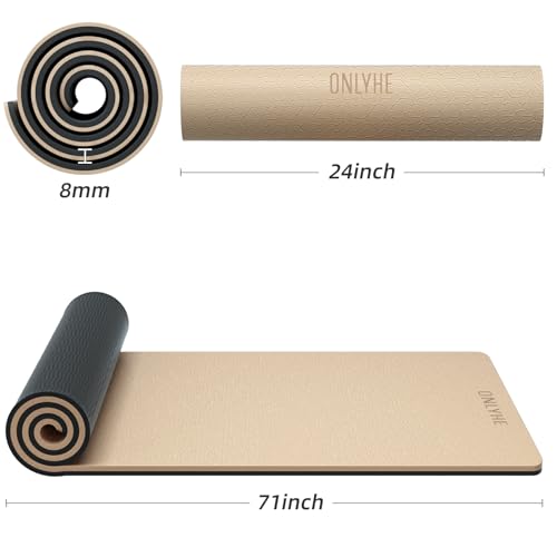 Yoga Mat Thick(8mm)Exercise Mat Non Slip Anti-tear,Pilates Mat for Men and Women,Workout Mats for Home,Barefoot Workouts and Floor Exercise,with Carrier Strap(71"x 24") - color: Milk coffee + black
