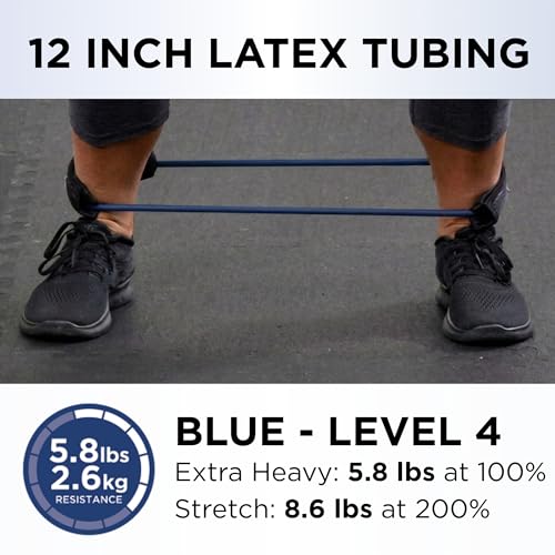 THERABAND Resistance Tubes, 12" Padded Cuffs, Blue, Extra Heavy, Level 4 | Durable, rubber. For home, travel, gym. Elastic, fitness, strength, training. - color: Level 4 / Extra Heavy - Blue