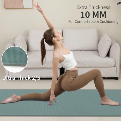 PAIDU POE Yoga Mat (10mm)Extra Thick Fitness Mat 72"x24" with Carry Strap | Non-slip, tear-resistant and suitable for all ages, perfect for yoga, Pilates, home gym and full-body workouts. - color: Deep green+Gray.